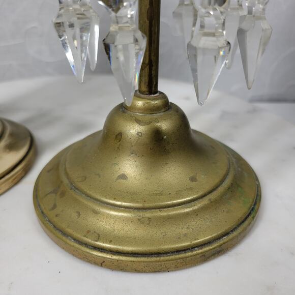 Antique Brass Girandole Candlesticks 11" Gold 8 Clear Hanging Crystals Set of 2 - Picture 10 of 16